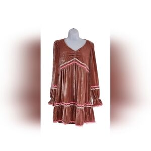 easel Velvet Long-Sleeve Dress in Brown with Pink & Cream Trim